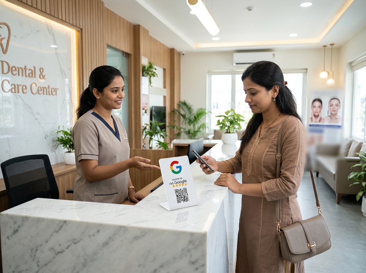 TapShala Google Review Stand on a dental clinic reception desk in India