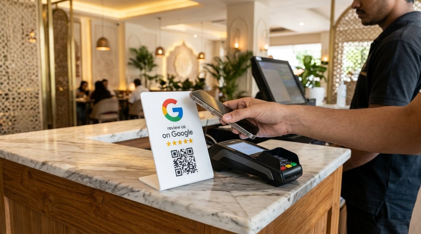 TapShala Google Review Stand next to card machine on an Indian restaurant billing counter